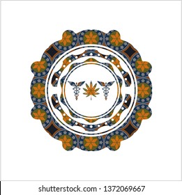 medicinal weed icon inside arabic emblem. Arabesque decoration.