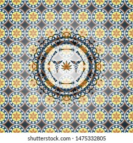 medicinal weed icon inside arabic style badge. Arabesque decoration.