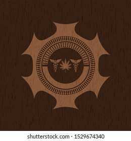 medicinal weed icon inside badge with wood background