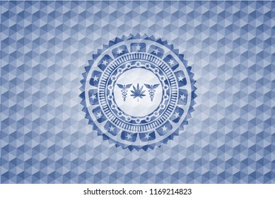 medicinal weed icon inside blue emblem or badge with abstract geometric polygonal pattern background.