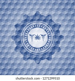 medicinal weed icon inside blue badge with geometric background.