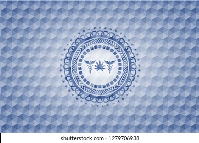 medicinal weed icon inside blue emblem with geometric pattern.