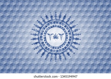 medicinal weed icon inside blue badge with geometric pattern.