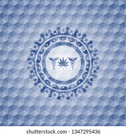 medicinal weed icon inside blue badge with geometric pattern background.