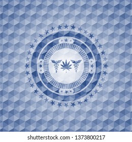 medicinal weed icon inside blue hexagon emblem.