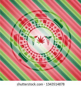 medicinal weed icon inside christmas emblem.