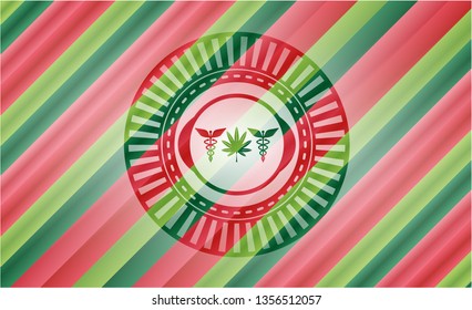 medicinal weed icon inside christmas colors style emblem.