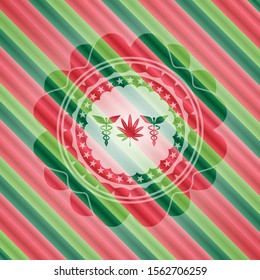 medicinal weed icon inside christmas style emblem.