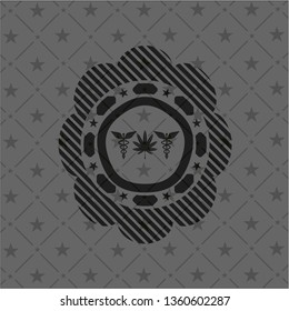 medicinal weed icon inside dark emblem. Retro
