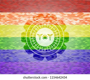 medicinal weed icon inside emblem on mosaic background with the colors of the LGBT flag