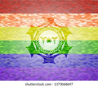 medicinal weed icon inside emblem on mosaic background with the colors of the LGBT flag