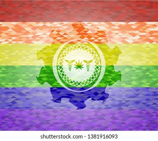 medicinal weed icon inside emblem on mosaic background with the colors of the LGBT flag