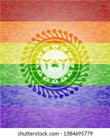 medicinal weed icon inside emblem on mosaic background with the colors of the LGBT flag