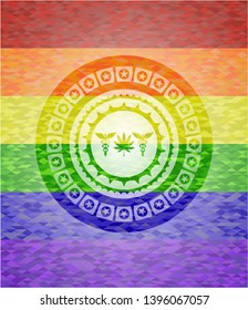 medicinal weed icon inside emblem on mosaic background with the colors of the LGBT flag