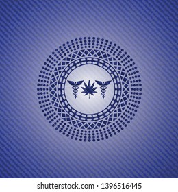 medicinal weed icon inside emblem with jean background