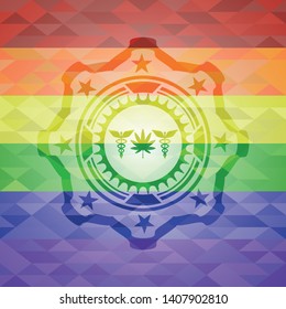 medicinal weed icon inside emblem on mosaic background with the colors of the LGBT flag