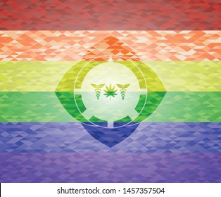 medicinal weed icon inside emblem on mosaic background with the colors of the LGBT flag