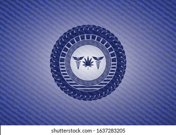 medicinal weed icon inside emblem with jean texture