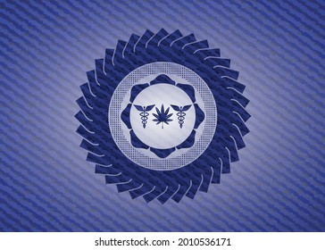 medicinal weed icon inside emblem with jean background. 