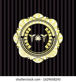 medicinal weed icon inside gold badge or emblem
