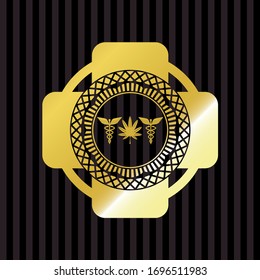 medicinal weed icon inside gold shiny badge