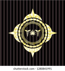 medicinal weed icon inside golden emblem or badge