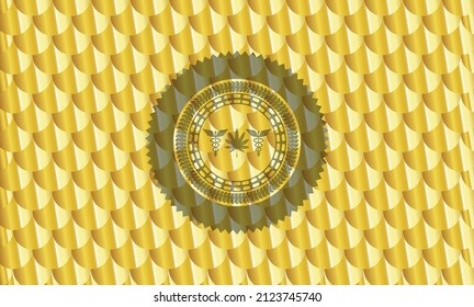 medicinal weed icon inside golden badge. Scales pattern. Vector Illustration. Detailed. 