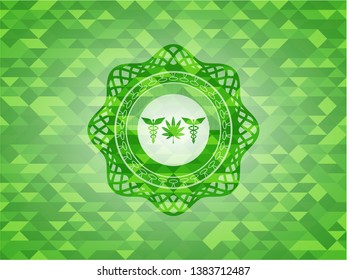 medicinal weed icon inside green mosaic emblem