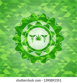 medicinal weed icon inside green mosaic emblem