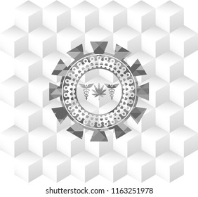 medicinal weed icon inside grey emblem. Retro with geometric cube white background