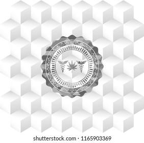 medicinal weed icon inside grey emblem with cube white background