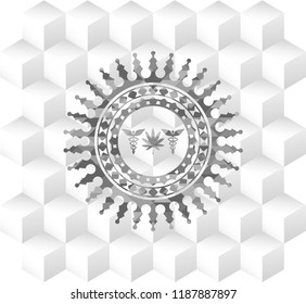 medicinal weed icon inside grey emblem. Vintage with geometric cube white background