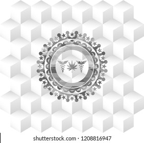 medicinal weed icon inside grey emblem with geometric cube white background