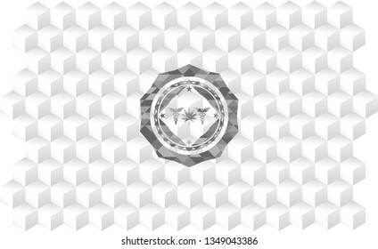 medicinal weed icon inside grey emblem with geometric cube white background