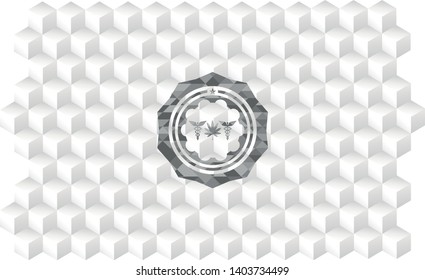 medicinal weed icon inside grey emblem with geometric cube white background