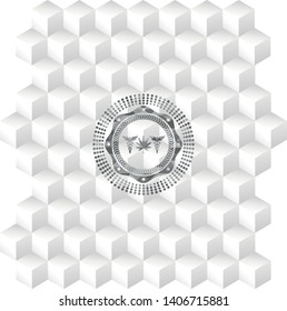medicinal weed icon inside grey emblem with geometric cube white background