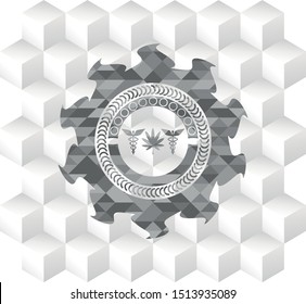 medicinal weed icon inside grey emblem. Retro with geometric cube white background