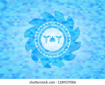 medicinal weed icon inside light blue emblem with mosaic ecological style background