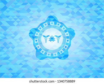 medicinal weed icon inside light blue emblem with mosaic ecological style background
