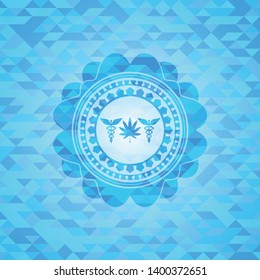 medicinal weed icon inside light blue emblem with mosaic ecological style background