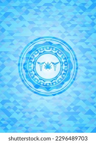 medicinal weed icon inside light blue emblem with mosaic ecological style background. 