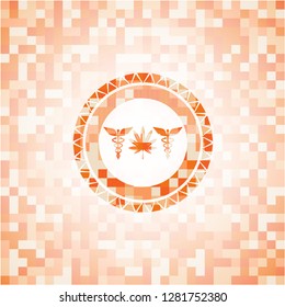 medicinal weed icon inside orange tile background illustration. Square geometric mosaic seamless pattern with emblem inside.