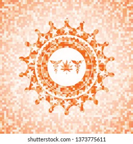 medicinal weed icon inside orange mosaic emblem