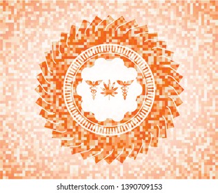 medicinal weed icon inside orange mosaic emblem with background