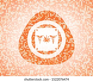 medicinal weed icon inside orange tile background illustration. Square geometric mosaic seamless pattern with emblem inside.