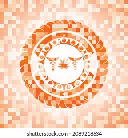 icono de hierba medicinal dentro de la ilustración de fondo de mosaico naranja. Mosaico geométrico cuadrado sin fisuras con emblema interior. 
