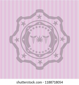 medicinal weed icon inside pink emblem. Retro