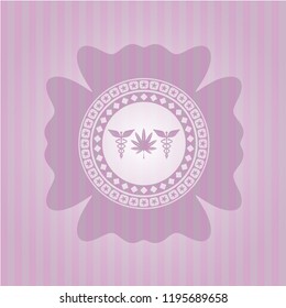 medicinal weed icon inside pink emblem. Vintage.