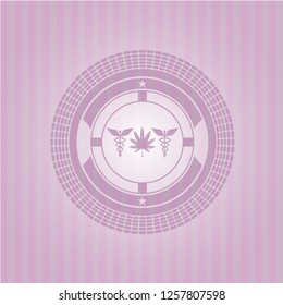 medicinal weed icon inside pink emblem. Retro