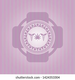 medicinal weed icon inside pink emblem. Retro